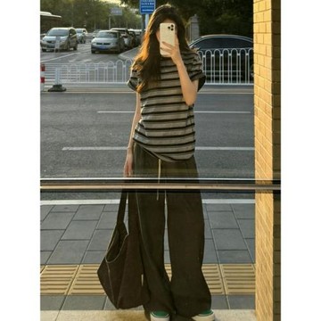 韓系條紋正肩短袖T恤女夏季2026超火減齡寬松獨特漂亮巨好看上衣