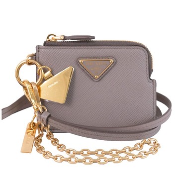PRADA 1MC127 經典三角LOGO鏈條掛飾/頸掛零錢卡包.灰