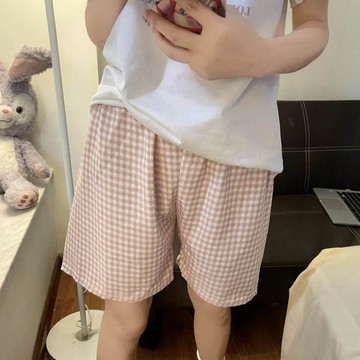 台灣出貨 嬰兒棉感夏季格子女睡褲ins風寬鬆薄款透氣家居短褲休閒遛彎褲子 單件睡褲短褲 休閒短褲女 卡通睡衣 居家短褲