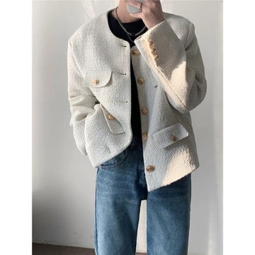 2022春季韓國小香風粗花呢圓領夾克男時尚網紅單排扣氣質短款外套