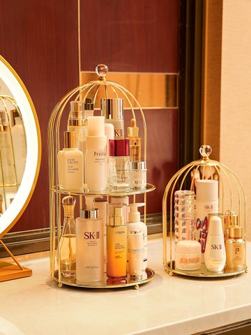 鳥籠化妝品收納盒家用桌面護膚香水口紅梳妝臺輕奢雙層多層置物架