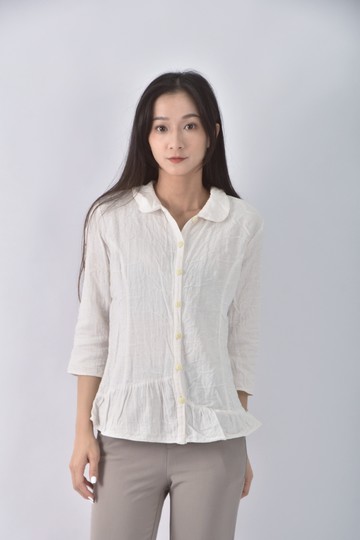 (S) 皺摺白色長袖上衣