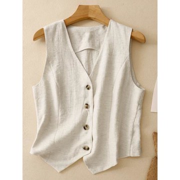 亞麻V領西裝馬甲背心女夏薄款洋氣時髦修身短款棉麻馬夾外套上衣