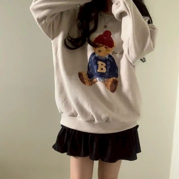 Vuja de 純棉圆领衛衣 大學t 薄衛衣 長袖上衣 oversize 大學t 潮流衣服 ins 刷毛 小熊印花 秋冬