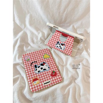 卡通紅格斑點小狗適用iPadmini7保護殼360旋轉支架iPad Air6帶筆槽11英寸10.2新款2024ipadPro13平板套10.9寸