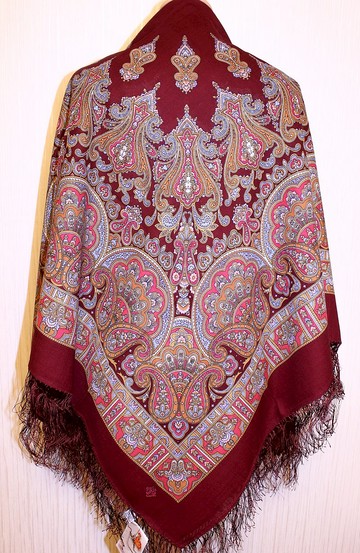 Pavlovo Posad 俄羅斯披肩 100% 羊毛圍巾 125x125 公分包裹絲綢流蘇 1581-7