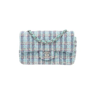 CHANEL 經典花呢翻蓋包 淺藍色格紋