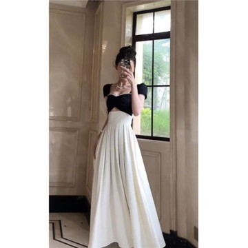 輕奢法式撞色鏤空大擺短袖連衣裙