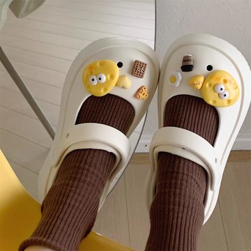 細細條 學生可愛瑪麗珍洞洞鞋女夏外穿防滑ins卡通厚底包頭半拖鞋