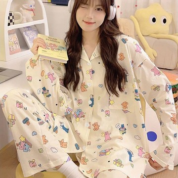 睡衣 可愛小熊甜妹風純棉少女感睡衣  薄款睡衣 學生睡衣 甜美休閒睡裙 可愛舒適睡衣 可外穿 休閒風 睡衣套裝
