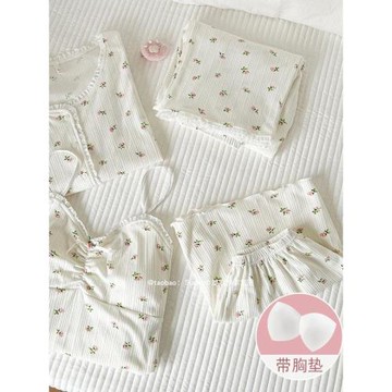 睡衣女春秋季純棉2026新款夏秋冬奶fufu休閑碎花長袖帶胸墊四件套