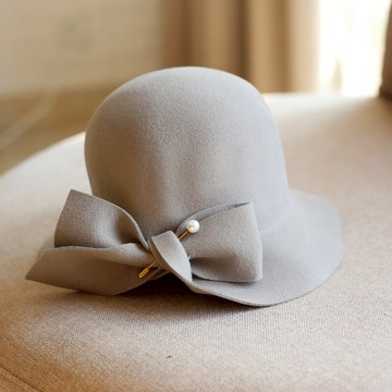秋冬羊毛呢韓版百搭珍珠蝴蝶結優雅盆帽漁夫帽子毛呢帽女英倫禮帽1入