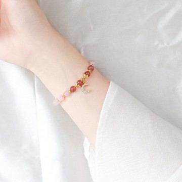 眼觀925純銀天然草莓晶月亮粉水晶手鏈女招桃花轉運甜美手作手串1入