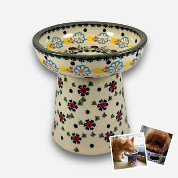 波蘭手繪手工陶-寵物碗 高腳碗 貓咪/小型犬適用 14cm