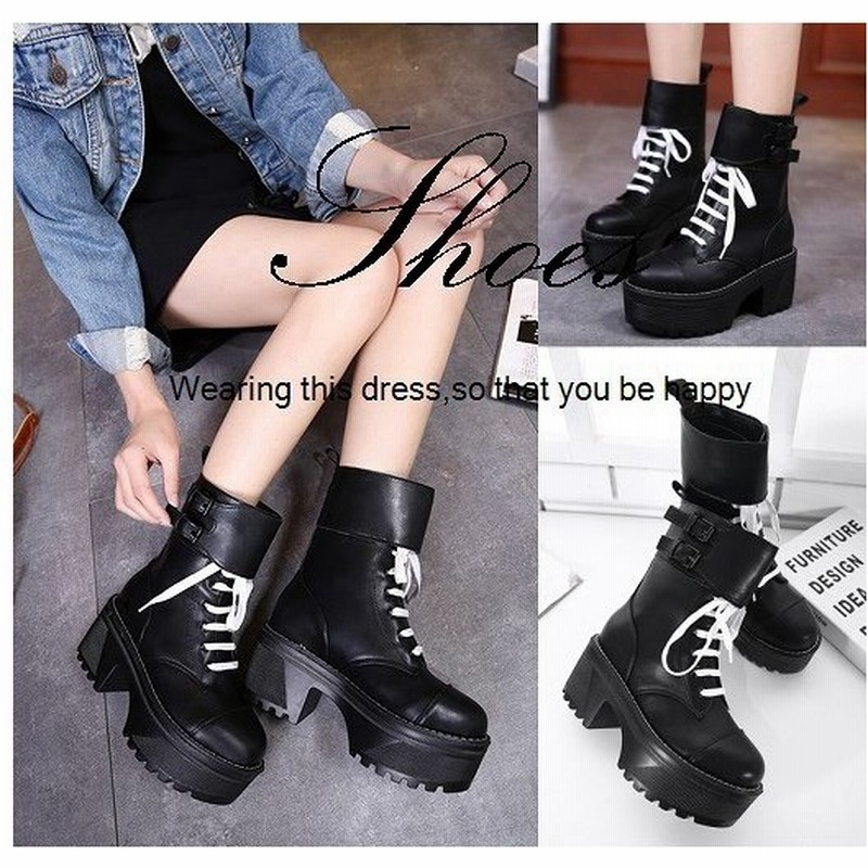 ショートブーツ レースアップブーツ 厚底ブーツ レディース 秋冬 靴 黒 ショート丈 太ヒール ストーム有り 脚長美脚 ベルトデザイン 安定感 歩きや 通販 Lineポイント最大0 5 Get Lineショッピング