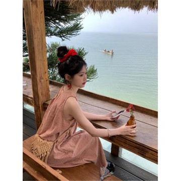 韓系甜美格子壓褶圓領連衣裙女秋季2025新款寬松中長款A字背心裙