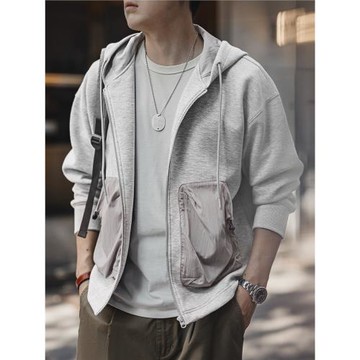 馬登工裝美式休閑空氣層開衫衛衣拼接口袋運動拉鏈連帽外套男春