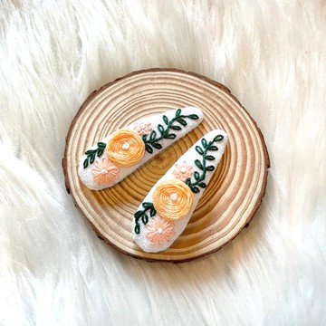 刺繡橘色花髮夾 - 兩件套 手工刺繡髮夾