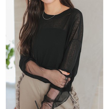 日本 Kobe Lettuce - 透膚異材質露半截長袖上衣-(指孔設計)-黑