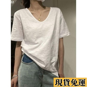 【台灣出貨】 竹節短袖T恤女 白色V領上衣 夏季薄款 寬鬆慵懶複古港味chic打底衫