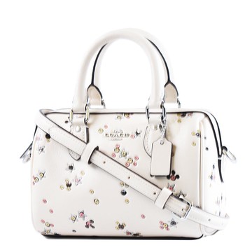 COACH Rowan 亮粉星光滑面皮革手提斜背二用波士頓包-粉白迷你