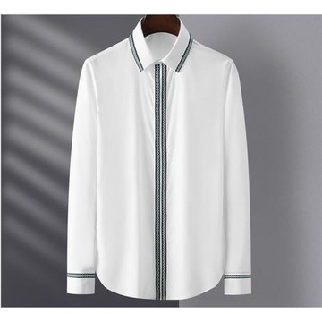 秋冬新款 歐美簡約領子手袖門襟織帶拼接男長袖襯衫休閑修身襯衣