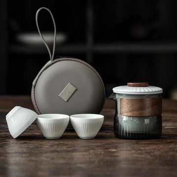 石久日式高檔玻璃旅行茶具套裝陶瓷戶外便攜式旅游快客杯一壺三杯