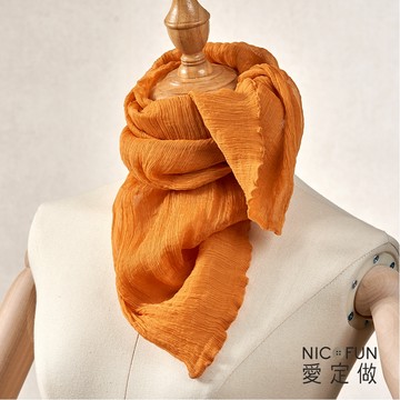 NicoFun 愛定做 魅力68 柳葉絲 桑蠶絲圍脖(四季可戴 領巾 桑蠶絲圍巾 真絲頸巾 皺褶 橘色薑黃 咖啡色 絲巾