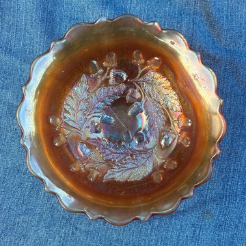 經典 1920 年代 Fenton 琥珀色 Marigold 宴會玻璃橡果紋路荷葉邊碗