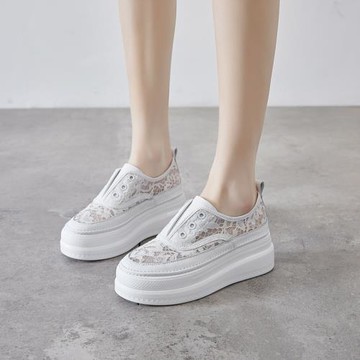 小白鞋2025夏季蕾絲網紗厚底漁夫鞋一腳蹬女鞋春款時尚鏤空松糕鞋
