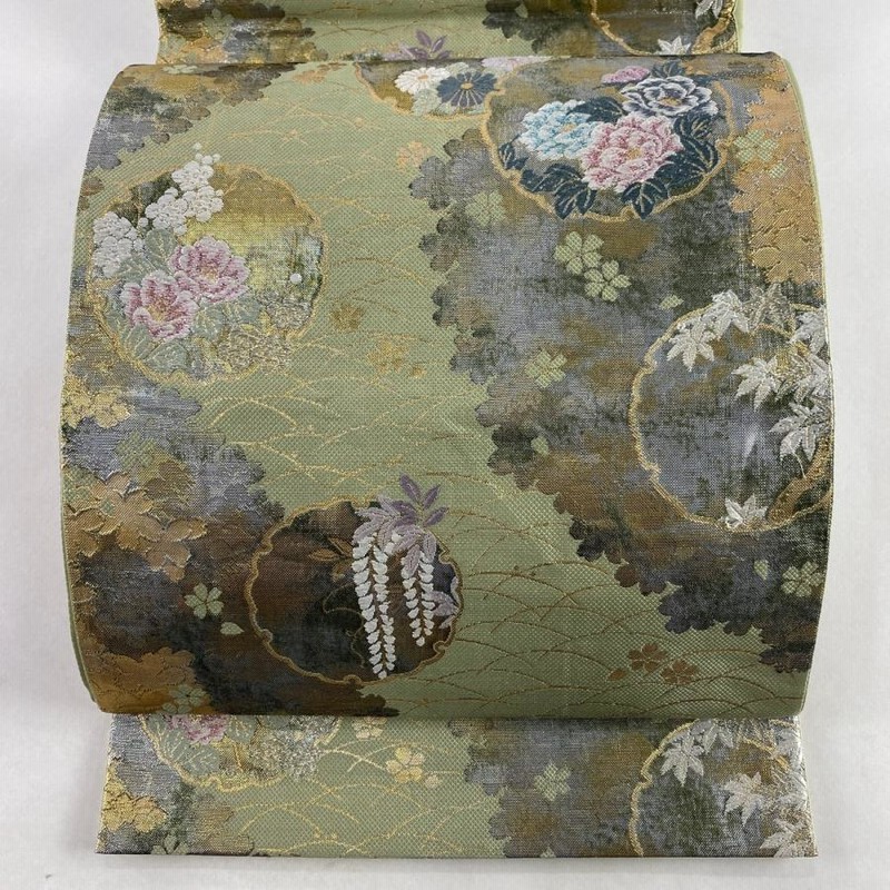 袋帯 美品 秀品 雪輪 草花 箔 刺繍 よもぎ色 六通 正絹 中古 通販 LINE 