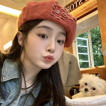 水洗牛仔貝雷帽女新款花朵貼布云朵帽網紅ins潮顯臉小畫家帽子女