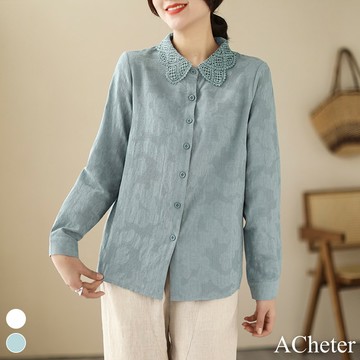 【ACheter】緹花刺繡棉襯衫花邊領長袖寬鬆短版上衣 # 116274(現貨+預購)