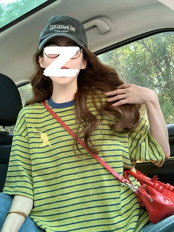 ins 復古純棉拼接條紋短袖t卹女 洋氣遮肉顯瘦 高級氣質正肩上衣 純棉t恤 短袖t恤 寬鬆t恤 t恤女 大尺碼女裝