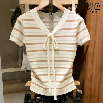 初色 撞色拼接條紋V領蝴蝶結綁帶短袖針織衫T恤修身顯瘦上衣女上衣-多色條紋-50061(F可選)