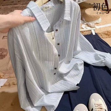 初色 休閒風翻領長袖單排扣條紋寬鬆襯衫上衣女上衣-藍色-15787(M-2XL可選)