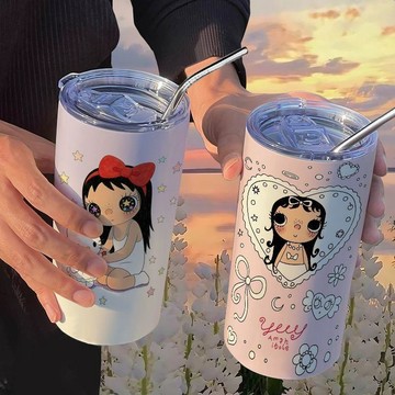 ✨壹灣出貨✨小玉yuy塗鴉卡通保溫杯帶吸管咖啡杯不鏽鋼隨手杯便攜ins高顏值