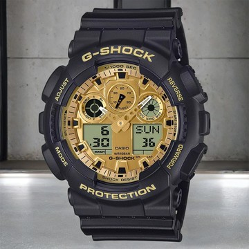 CASIO 卡西歐 G-SHOCK 經典黑金雙顯手錶 學生錶(GA-100GGB-1A9)