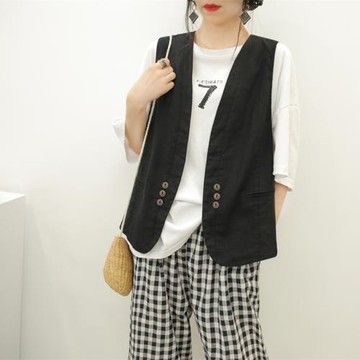 春季文藝簡約寬松顯瘦棉麻馬夾小外套馬甲開衫收腰女坎肩薄款