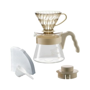 HARIO 好璃奧 V60 20周年自然米手沖咖啡壺組 VCSD-01-20CP-KB  1套  樹脂濾杯 + 玻璃咖啡壺 + 濾紙 + 量匙  450ml