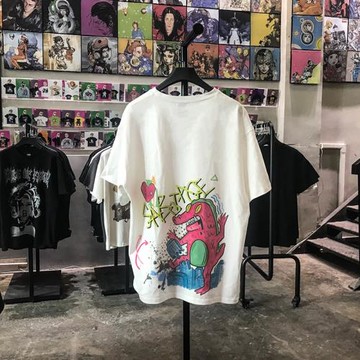 情侶款小恐龍印花t恤寬松圓領落肩袖重磅男女短袖街頭超火半截袖