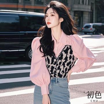 初色  拼接碎花翻領長袖假兩件襯衫上衣女上衣-粉色-10318(M-3XL可選)