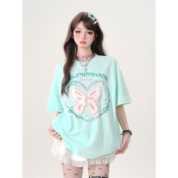 kellykitty迷蝶 薄荷綠oversize正肩短袖t恤女寬松顯瘦夏季小上衣