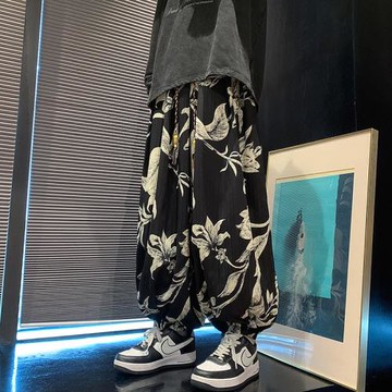 中式復古花褲子男春秋潮流寬松哈倫褲中國風男裝休閑褲束腳燈籠褲