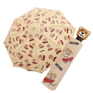 MOSCHINO 經典LOGO滑板小熊圖案自動摺疊晴雨傘(卡其)