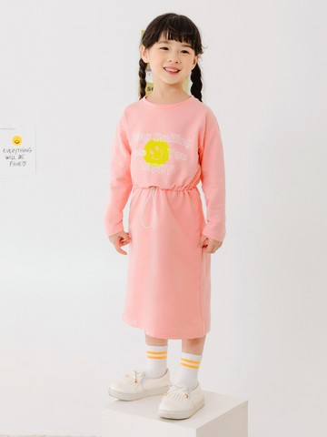 純棉笑臉印花腰抽繩後開衩休閒洋裝