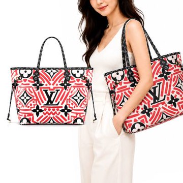 Louis Vuitton Neverfull MM 帆布印花塗鴉幾何托特包 (黑紅)