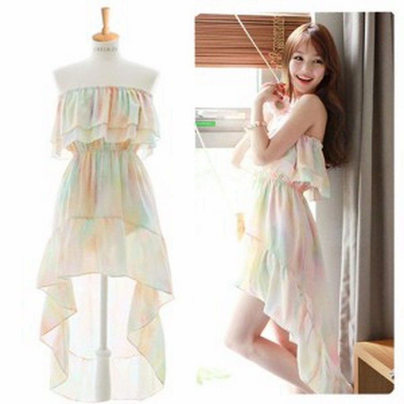 送料無料虹色 カラフル ワンピース 不規則 前短後ろ長 ノースリーブ フリル ベアトップ シフォンワンピース ビーチ リゾート 通販 Lineポイント最大1 0 Get Lineショッピング