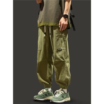 多口袋工裝褲男秋季潮流寬松束腳休閑褲日系復古hiphop褲子伐木褲
