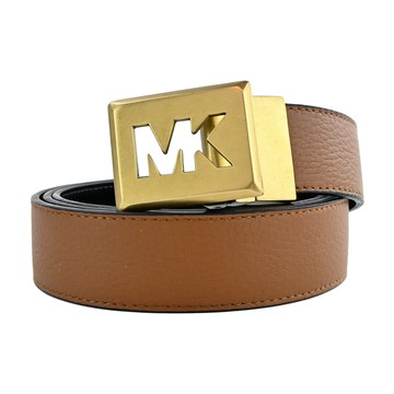 [平輸版] 【MICHAEL KORS】金釦鏤空LOGO素面荔枝紋雙面皮帶(棕/黑)真品平輸